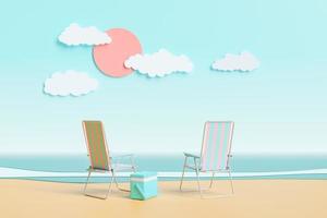 cadeiras de praia em uma paisagem de praia de desenho animado foto