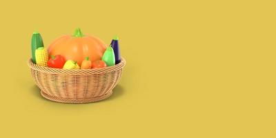 uma cesta com uma colheita de outono de legumes em um fundo amarelo. abóbora, milho, abobrinha, berinjela, tomate, pimenta em estilo cartoon. renderização 3D. foto