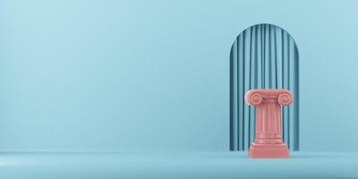 coluna abstrata pódio rosa sobre fundo azul com arco. o pedestal da vitória é um conceito minimalista. renderização 3D. foto