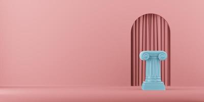 coluna abstrata pódio azul no fundo rosa com arco. o pedestal da vitória é um conceito minimalista. renderização 3D. foto