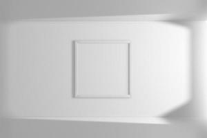 moldura quadrada maquete de cor branca pendurada na parede. interiores simples. quarto claro. luz e sombra da janela. renderização em 3D foto