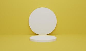 pódio de cilindro branco na cena mínima de fundo amarelo com plataforma geométrica amarela. estande de pódio para exibição de produtos. renderização 3D, ilustração 3D. foto