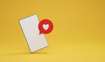 3D render ilustração, ícones de coração em um pino vermelho e smartphone em fundo amarelo. conceito de mídia social foto