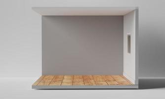interior da sala vazia com piso de madeira e janela em fundo branco. renderização 3D foto
