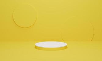 pódio de cilindro branco na cena mínima de fundo amarelo com plataforma geométrica amarela. estande de pódio para exibição de produtos. renderização 3D, ilustração 3D. foto