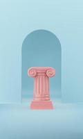 coluna abstrata pódio rosa sobre fundo azul com arco. o pedestal da vitória é um conceito minimalista. renderização 3D. foto