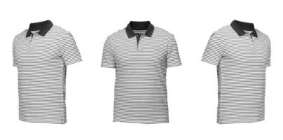 camisa polo branca com listras. camisa vista frontal três posições em um fundo branco foto