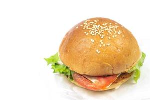 cheeseburger simples com hambúrguer de carne, picles, queijo, tomate, pepino, cebola, alface e mostarda em molho de tomate isolado em um fundo branco. foto