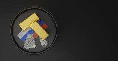 barril de petróleo russo, 999 lingotes de ouro e 100 dollrs. ângulo de cima. sanções ao petróleo russo. trabalho 3D e ilustração 3D foto