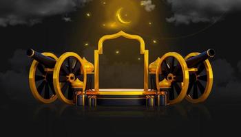 banner de fundo de saudação ramadã de luxo com caixas de presente de pódio 3d e objetos de decoração islâmicos foto