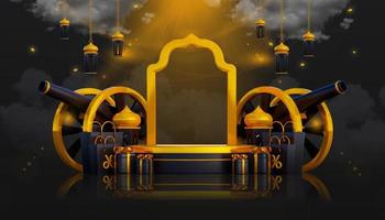banner de fundo de saudação ramadã de luxo com caixas de presente de pódio 3d e objetos de decoração islâmicos foto