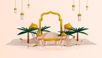 banner de fundo de saudação ramadã de luxo com caixas de presente de pódio 3d e objetos de decoração islâmicos foto