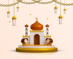 banner de fundo de saudação ramadã de luxo com caixas de presente de pódio 3d e objetos de decoração islâmicos foto