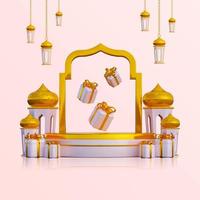 banner de fundo de saudação ramadã de luxo com caixas de presente de pódio 3d e objetos de decoração islâmicos foto