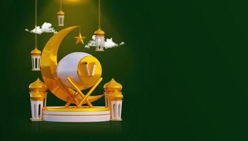 banner de fundo de saudação ramadã de luxo com caixas de presente de pódio 3d e objetos de decoração islâmicos foto