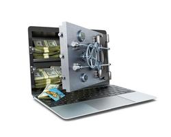 um conceito de laptop com uma porta segura aberta em vez de tela e com dinheiro em um armazenamento atrás da porta, ilustração 3d foto
