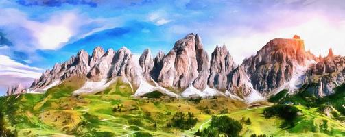 as obras no estilo da pintura em aquarela. montanhas rochosas a foto