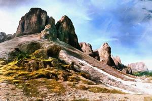 as obras no estilo da pintura em aquarela. montanhas rochosas a foto