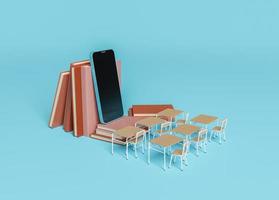 sala de aula com celular em livros e mesas na frente foto