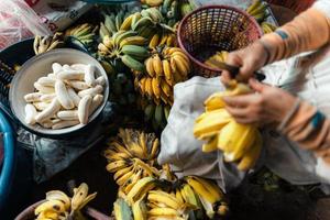 banana cultivada para processamento, banana na mão do vendedor foto