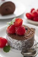 fatia de bolo de chocolate ou bolo de sobremesa suíço com framboesas. imagem vertical. foto
