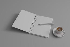 caderno em branco com café foto