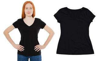 garota de cabelo ruivo da noruega em conjunto de simulação de camiseta preta, camiseta preta close-up vista frontal foto