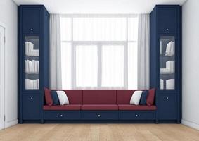 sala de estar com estante escandinava e armazenamento. renderização em 3D foto