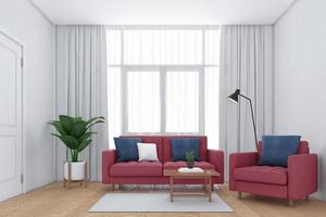 sala de estar minimalista com janelas e cortinas brancas, sofá e poltrona, piso de madeira. renderização em 3D