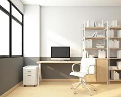 sala de trabalho minimalista com mesa e cadeira, computador desktop, prateleira e armário, moldura branca. renderização em 3D foto