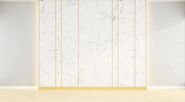 quarto vazio com parede de mármore branco e piso de madeira, renderização em 3d. foto