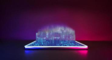 tecnologia futura cyberpunk cor neon do celular com tecnologia de holograma pop da cidade