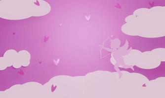 design de fundo abstrato com cupido voa no céu no fundo rosa, conceito de dia dos namorados. arte de papel e estilo moderno de renderização 3d. foto