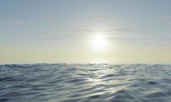 vista do mar, oceano e pôr do sol com nuvens suaves de céu claro. renderização 3D. foto