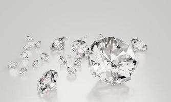 muitos diamantes de tamanho em fundo branco com reflexo na superfície. renderização 3D. foto