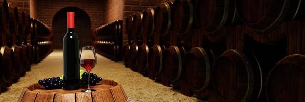 garrafa de vinho tinto e vidro transparente com vinho tinto colocado em um tanque de fermentação de vinho com muitos tanques de fermentação de vinho colocados perto da parede de tijolo vermelho na adega ou no porão. renderização em 3D foto