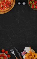 mesa de padrão de mármore escuro há pizza na tábua de madeira e batatas fritas cobertas com molho de manteiga. morangos vermelhos frescos e tomates na cesta. renderização em 3D foto