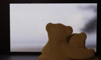 urso de pelúcia marrom abraço como um amante romântico sentado através do vidro em um dia chuvoso e chuva no vidro. vista do mar em um dia chuvoso através do vidro. renderização em 3D foto