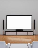 home theater na parede de gesso branco. TV de tela de parede grande e uso de equipamentos de áudio para mini home theater. sofá branco e mesa no piso de madeira. renderização 3D. foto