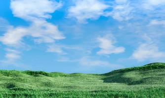 céu azul e bela nuvem com árvore de Prado. fundo de paisagem simples para cartaz de verão. a melhor vista para férias. imagem de campo de grama verde e céu azul com nuvens brancas foto