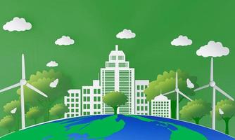 imagens 3D em um conceito de cidade verde. edifícios brancos no chão, o globo e as árvores têm moinhos de vento. a cidade verde é sombria para o meio ambiente.