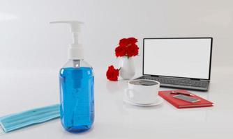 equipamentos para o novo estilo de vida normal durante a pandemia de coronavírus covid-19. álcool, géis para lavar as mãos e máscaras médicas na mesa de trabalho com laptops café em copos brancos. renderização em 3D foto