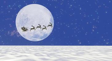 silhueta santa e rena com brilho mágico dourado voando no céu azul escuro com super lua cheia e muitas estrelas. conceito para a véspera de natal. renderização 3D. foto