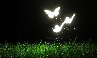 borboletas brilhantes voando acima do gramado há um brilho no escuro em um tema de fantasia. borboletas voam no escuro no campo. renderização em 3D foto