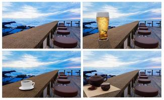 conjunto de mesa e cadeira de madeira com bebida, cerveja, chá e café preto no terraço ou varanda. paisagem montanhosa de manhã com luz solar e mar de névoa em phu tub berk, tailândia. foto