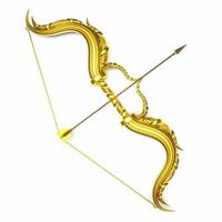 lindo arco dourado de design. um arqueiro dourado e uma flecha dourada estão prontos para atirar em um fundo branco ou papel de parede. foto