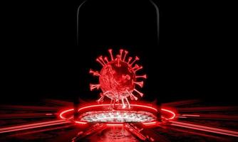 modelo de coronavírus covid-19. experimento para criar um vírus na cena do filme de ficção científica. suporte de carregamento de energia e tubo de ensaio fluorescente vermelho. renderização em 3D foto