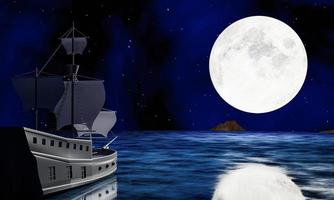 navios piratas encontram um baú do tesouro no mar ou oceano na noite de lua cheia. silhueta ou sombra de um veleiro refletindo a superfície da água à noite com estrelas no céu. renderização em 3D foto
