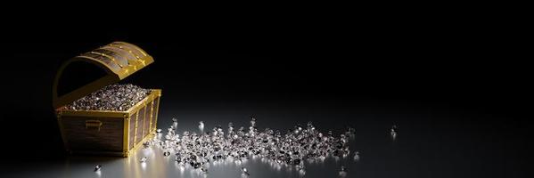 muitos diamantes no baú do tesouro vintage dourado e caindo no chão usam o conceito de caixa de armazenamento de gemas. tesouro em fundo preto e reflexo no chão. renderização 3D. foto