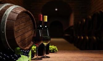 vinho tinto e vinho branco em um copo de vinho mesa de madeira há uma adega na mesa e uvas vermelhas e verdes. o fundo é uma adega subterrânea. renderização em 3D foto